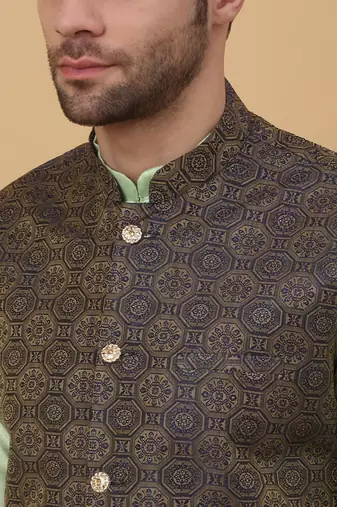 Men's sea green kurta and churidar with jacquard ethnic motifs printed nehru jacket