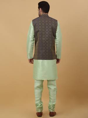 Men's sea green kurta and churidar with jacquard ethnic motifs printed nehru jacket 3