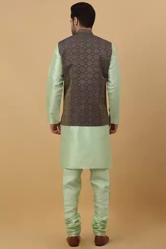 Men's sea green kurta and churidar with jacquard ethnic motifs printed nehru jacket
