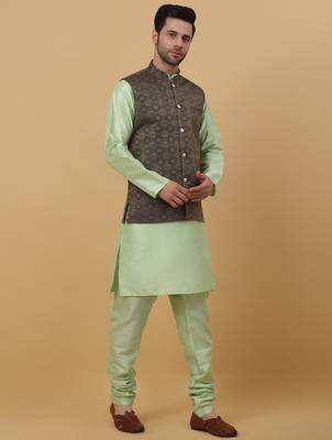 Men's sea green kurta and churidar with jacquard ethnic motifs printed nehru jacket 4