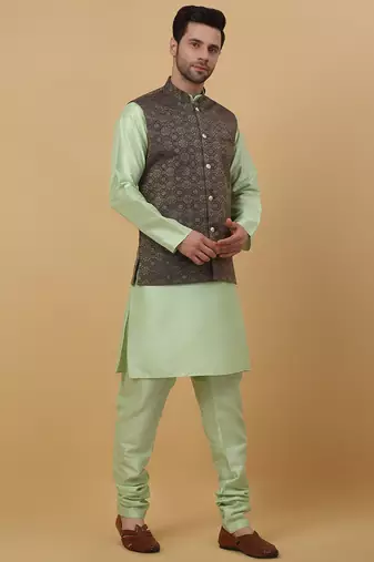 Men's sea green kurta and churidar with jacquard ethnic motifs printed nehru jacket