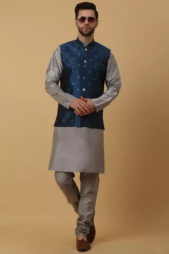 Men's grey kurta and churidar with jacquard floral nehru jacket
