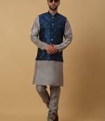Men's grey kurta and churidar with jacquard floral nehru jacket