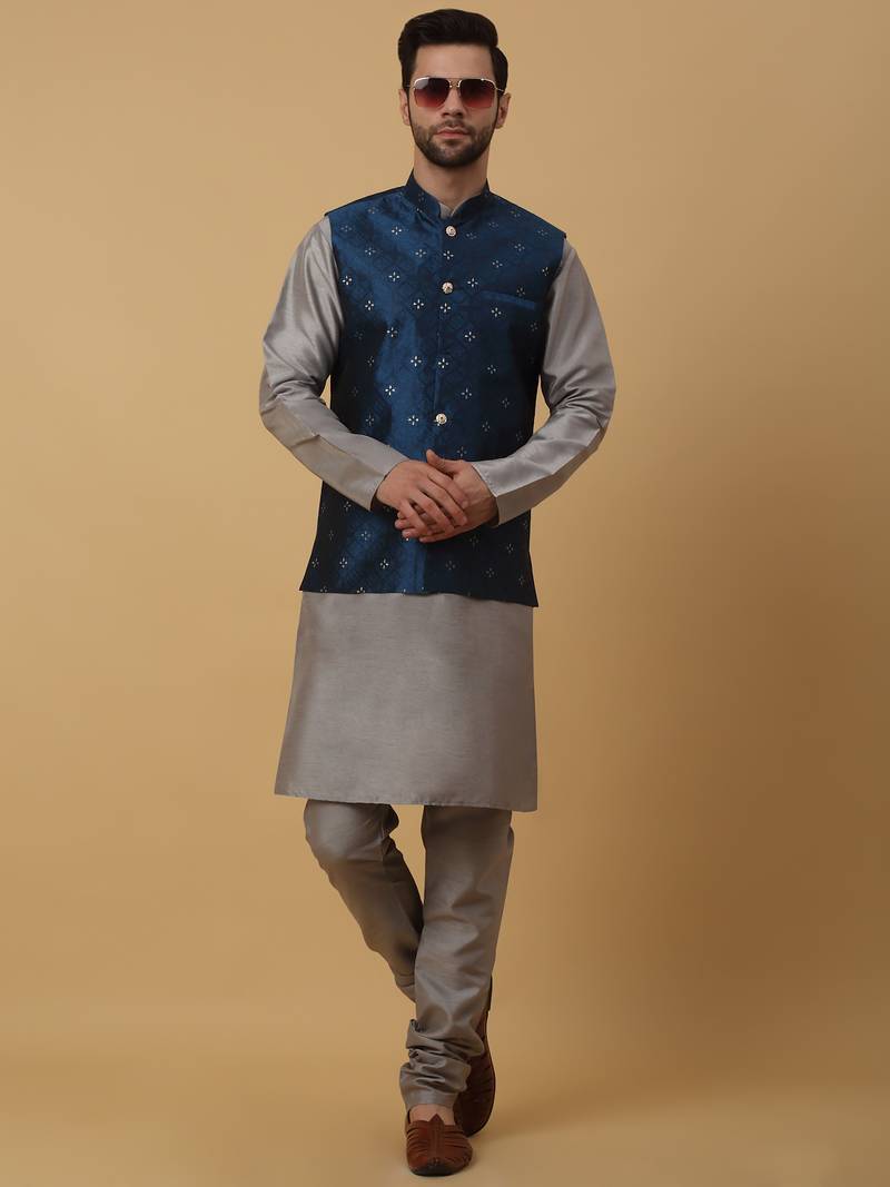 Men's grey kurta and churidar with jacquard floral nehru jacket