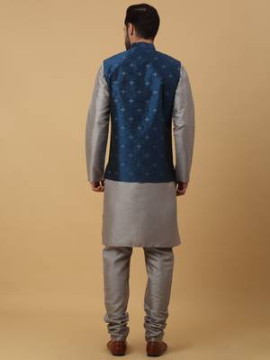 Men's grey kurta and churidar with jacquard floral nehru jacket 3