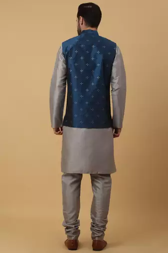 Men's grey kurta and churidar with jacquard floral nehru jacket