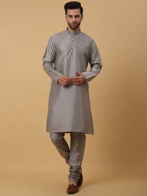 Men's grey kurta and churidar with jacquard floral nehru jacket 5