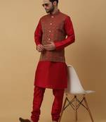 Men's maroon kurta and churidar with jacquard ethnic motifs printed nehru jacket