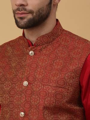 Men's maroon kurta and churidar with jacquard ethnic motifs printed nehru jacket 2