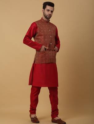Men's maroon kurta and churidar with jacquard ethnic motifs printed nehru jacket 4
