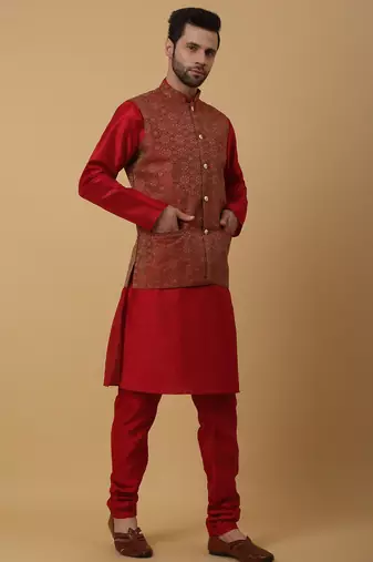 Men's maroon kurta and churidar with jacquard ethnic motifs printed nehru jacket