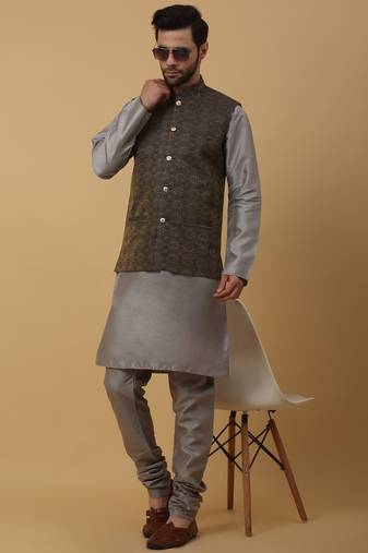 Men's grey kurta and churidar with jacquard ethnic motifs printed nehru jacket