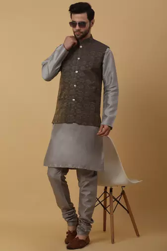 Men's grey kurta and churidar with jacquard ethnic motifs printed nehru jacket
