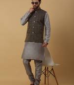 Men's grey kurta and churidar with jacquard ethnic motifs printed nehru jacket