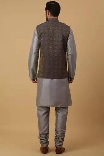 Men's grey kurta and churidar with jacquard ethnic motifs printed nehru jacket