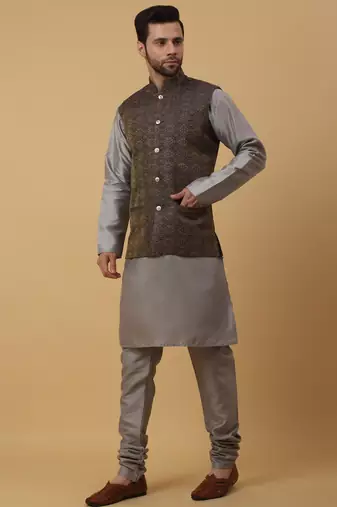 Men's grey kurta and churidar with jacquard ethnic motifs printed nehru jacket