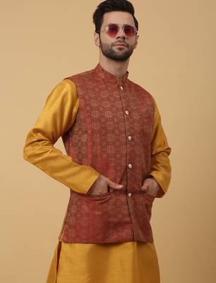 Men's mustard kurta and churidar with jacquard ethnic motifs printed nehru jacket 1