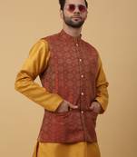 Men's mustard kurta and churidar with jacquard ethnic motifs printed nehru jacket