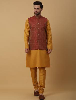 Men's mustard kurta and churidar with jacquard ethnic motifs printed nehru jacket 2