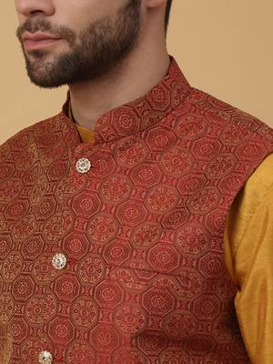 Men's mustard kurta and churidar with jacquard ethnic motifs printed nehru jacket 3