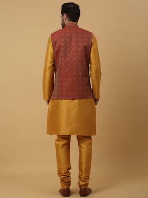Men's mustard kurta and churidar with jacquard ethnic motifs printed nehru jacket 4