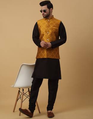Men's black kurta and churidar with jacquard floral nehru jacket 1