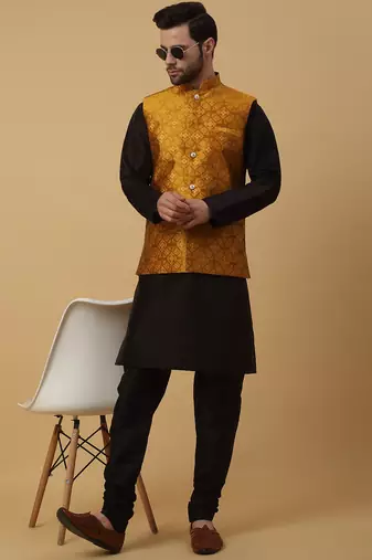 Men's black kurta and churidar with jacquard floral nehru jacket