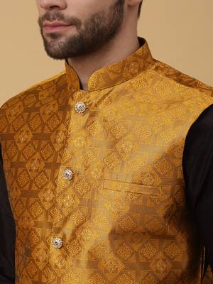 Men's black kurta and churidar with jacquard floral nehru jacket 2