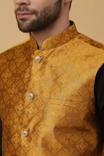 Men's black kurta and churidar with jacquard floral nehru jacket