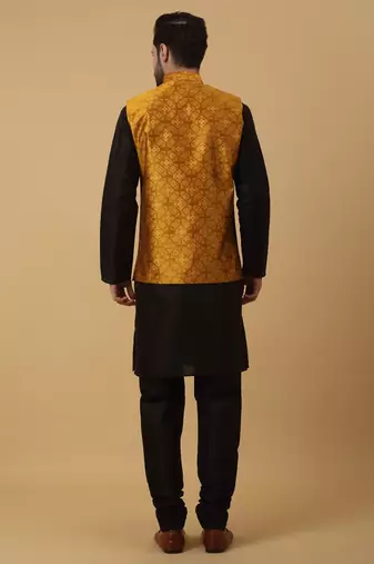 Men's black kurta and churidar with jacquard floral nehru jacket