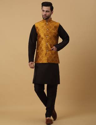 Men's black kurta and churidar with jacquard floral nehru jacket 4