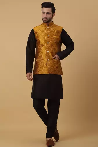 Men's black kurta and churidar with jacquard floral nehru jacket