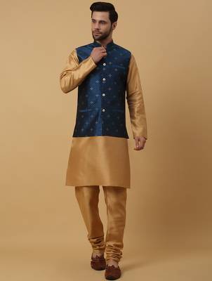 Men's gold kurta and churidar with jacquard floral nehru jacket 1