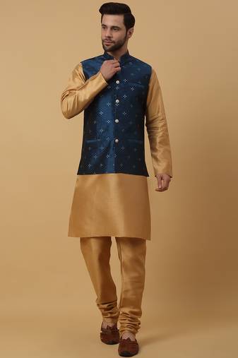 Men's gold kurta and churidar with jacquard floral nehru jacket