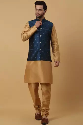 Men's gold kurta and churidar with jacquard floral nehru jacket
