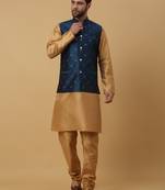 Men's gold kurta and churidar with jacquard floral nehru jacket