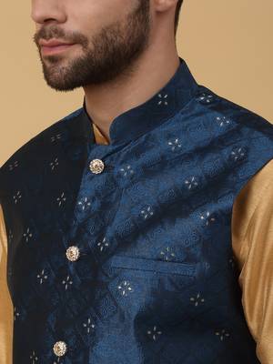 Men's gold kurta and churidar with jacquard floral nehru jacket 2