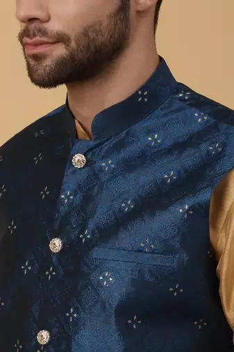 Men's gold kurta and churidar with jacquard floral nehru jacket