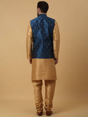 Men's gold kurta and churidar with jacquard floral nehru jacket 3