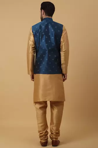 Men's gold kurta and churidar with jacquard floral nehru jacket