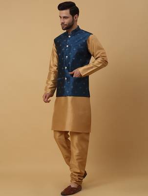 Men's gold kurta and churidar with jacquard floral nehru jacket 4
