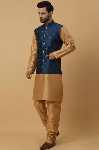 Men's gold kurta and churidar with jacquard floral nehru jacket
