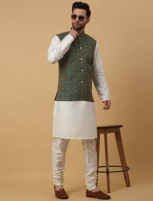 Men's cream kurta and churidar with jacquard ethnic motifs printed nehru jacket 1
