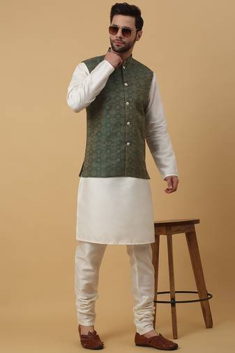 Men's cream kurta and churidar with jacquard ethnic motifs printed nehru jacket