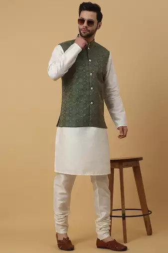 Men's cream kurta and churidar with jacquard ethnic motifs printed nehru jacket