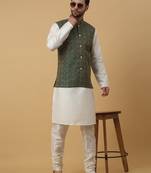 Men's cream kurta and churidar with jacquard ethnic motifs printed nehru jacket