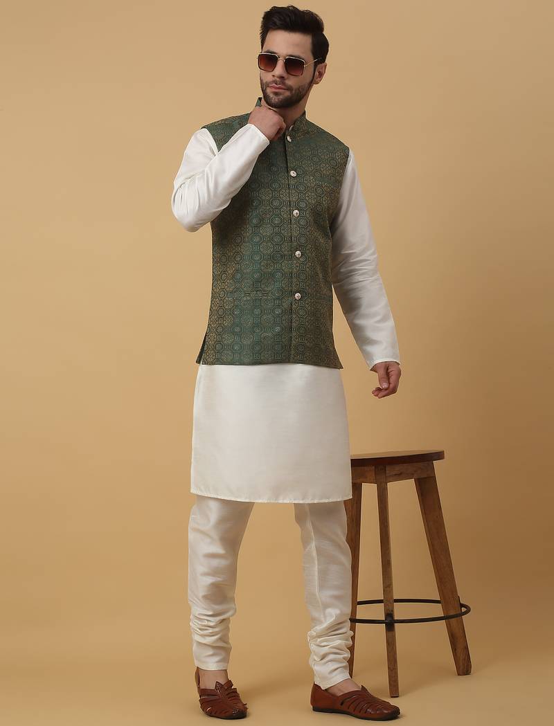 Men's cream kurta and churidar with jacquard ethnic motifs printed nehru jacket