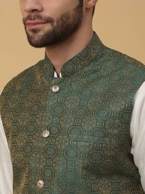 Men's cream kurta and churidar with jacquard ethnic motifs printed nehru jacket 2