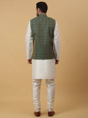 Men's cream kurta and churidar with jacquard ethnic motifs printed nehru jacket 3