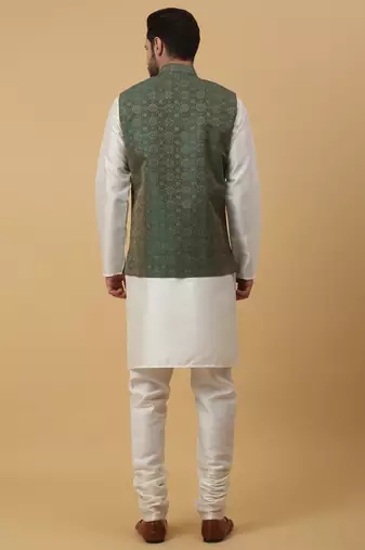 Men's cream kurta and churidar with jacquard ethnic motifs printed nehru jacket